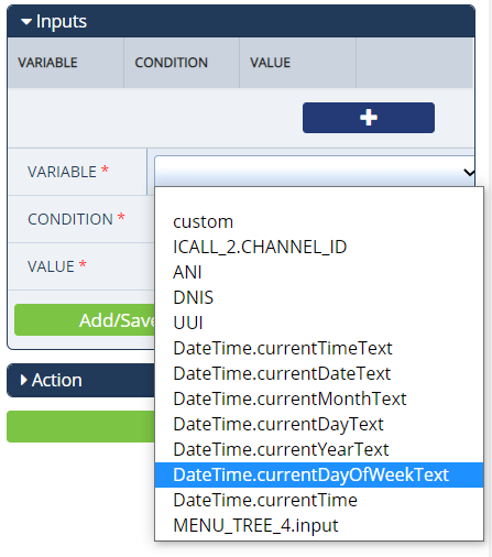 The Inputs section of the Configuration Panel for a sample Condition action with the Variable field drop-down list expanded and the Day of Week option highlighted
